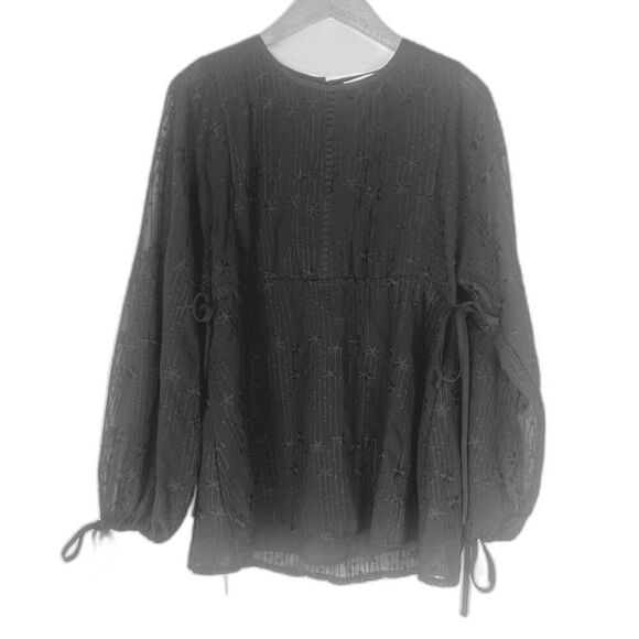 Suzanne Betro Weekends Black Floral Embroidered Tie Waist/Sleeve Blouse Sz Small - Picture 1 of 10